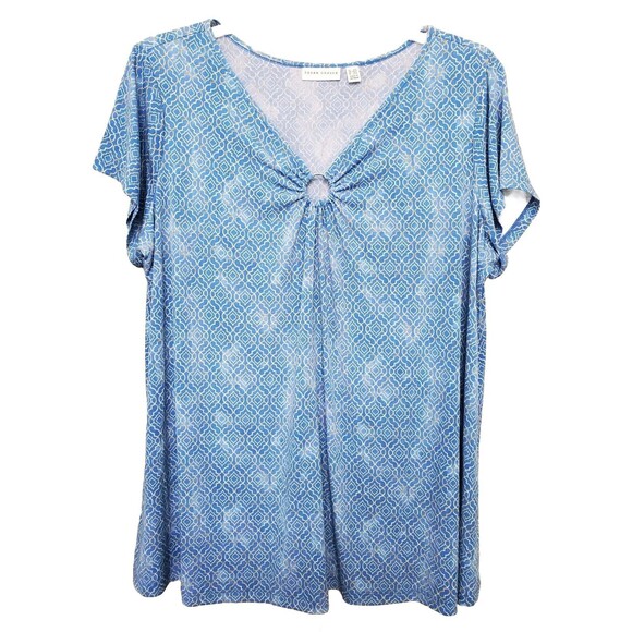 Susan Graver Petite Blue Geo Printed Liquid Knit Short Sleeve Tunic Size 2XP - Picture 1 of 7